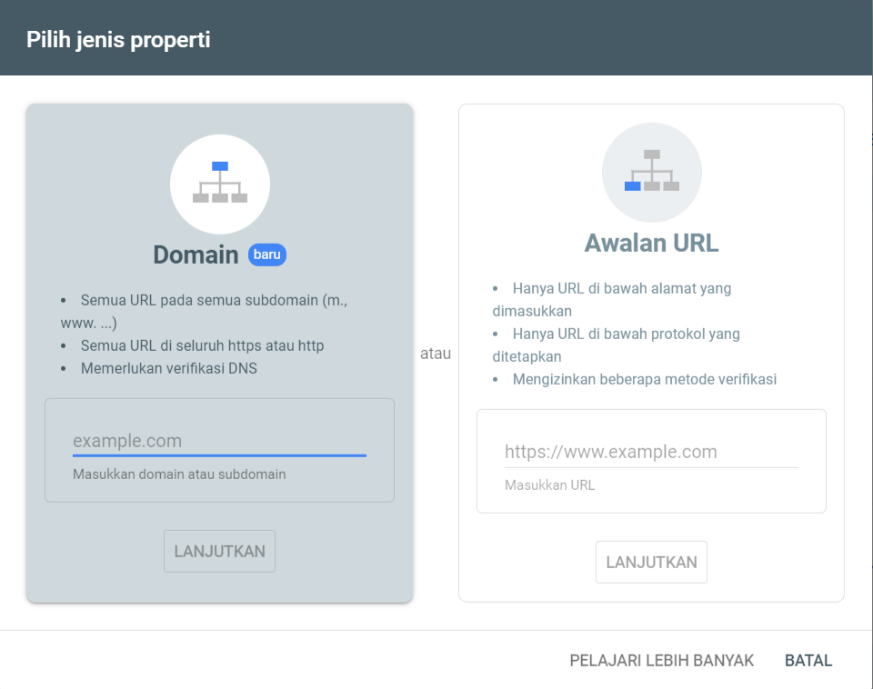 Pilihan jenis verifikasi website di Google Search Console