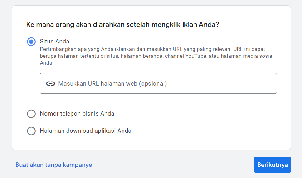 Buat akun Google Ads tanpa menjalankan kampanye