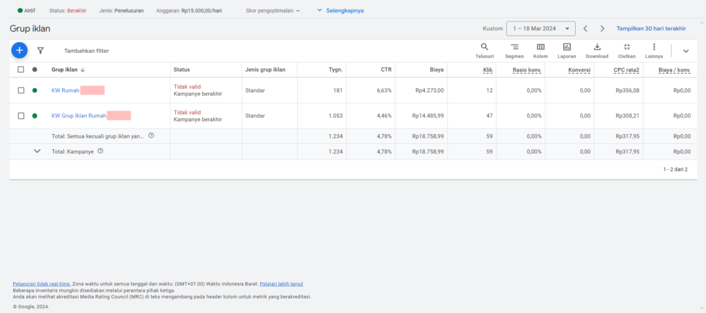 Laporan Grup Iklan Google Ads