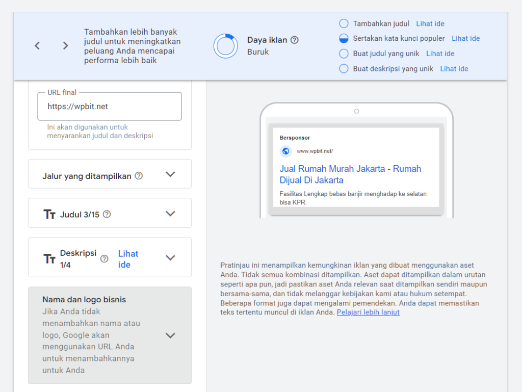 Pengaturan unit iklan seperti URL final, judul, deskripsi, dll.