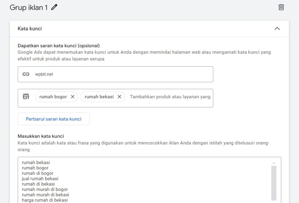 pengaturan kata kunci pada grup iklan